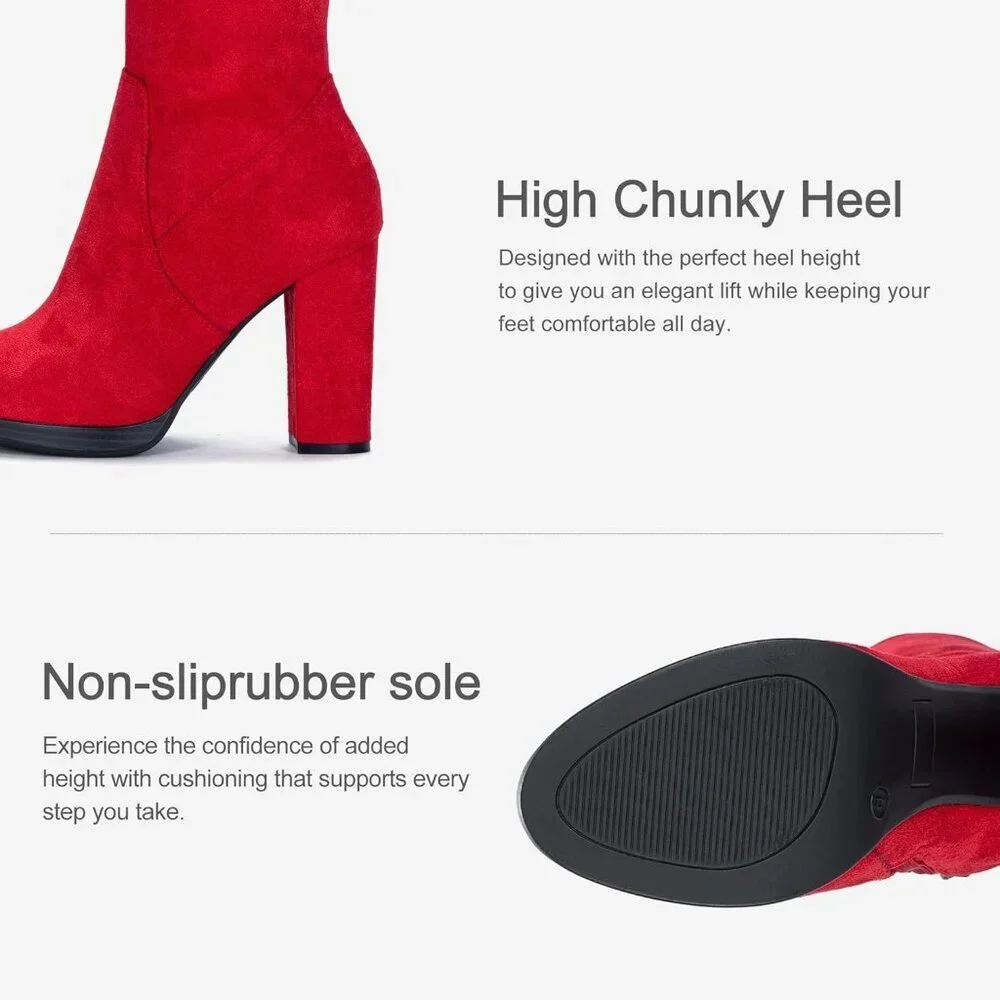 Women's Red-imitation Suede Thigh High Over The Knee Rounded Toe Tall Long Boot